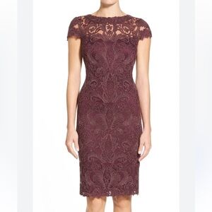Tadashi Shoji Illusion Yoke Lace Sheath Dress 4 Wine Maroon Burgundy Wedding